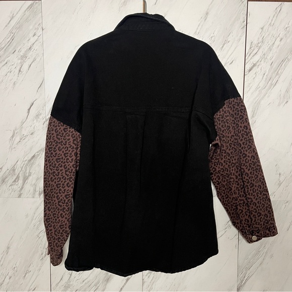 Leopard Black Cotton Button Denim Jacket SZ L - Picture 4 of 6